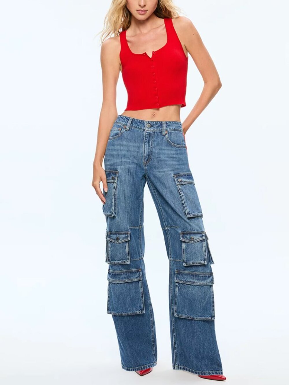 $425 Alice + Olivia Blue Baggy Cargo Olympia Denim High Rise Jeans size 24/27" - Picture 2 of 7